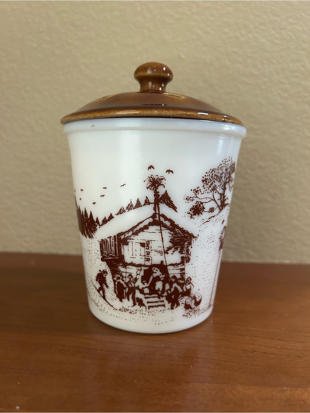 Brown-and-White Ceramic Lidded Jar with Scenic Transfer Pattern